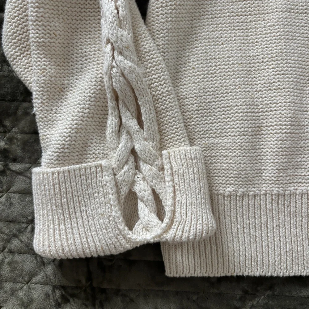 Lafayette 148 Cable Knit V-neck Linen Cotton Silk cardigan neutral cream medium
